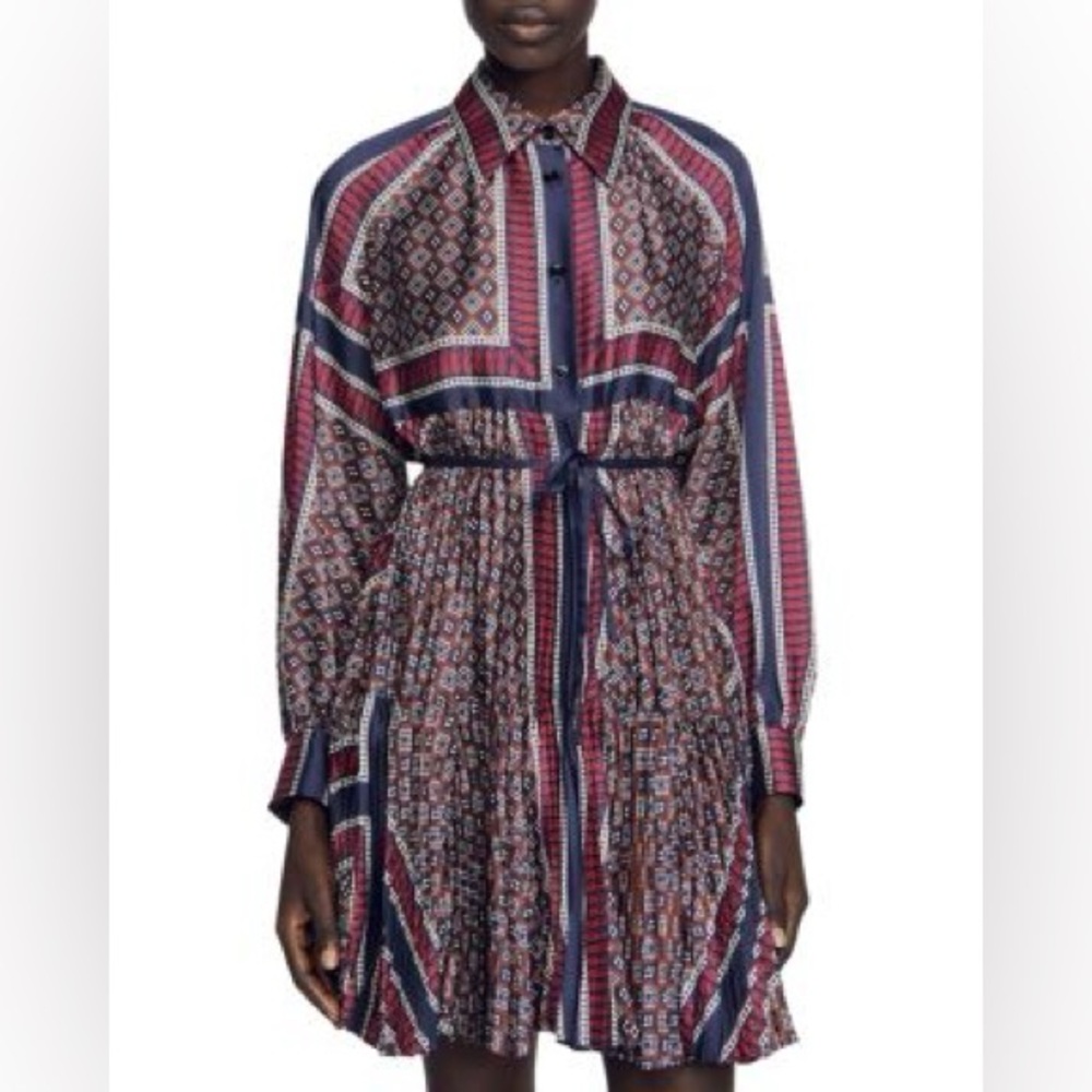 Sandro Blue and Red Pleated Long Sleeve Shirt Dress size 40 - Picture 1 of 7